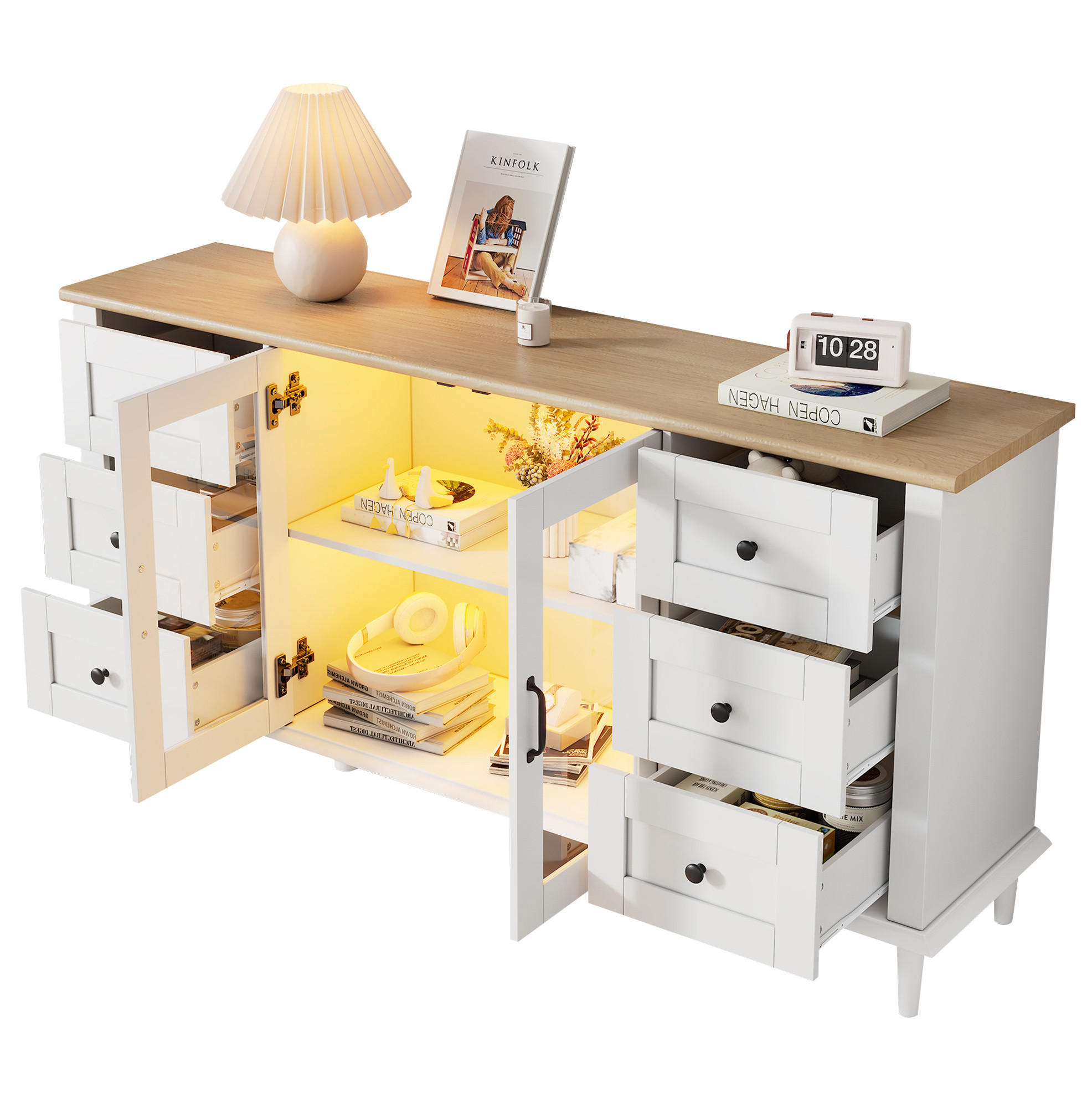 SIDEBOARD 150/40/75 cm Weiß und Holzton aus MDF mit LED-Beleuchtung - Weiß, Holzwerkstoff (40/75/150cm) - OKMYHOME