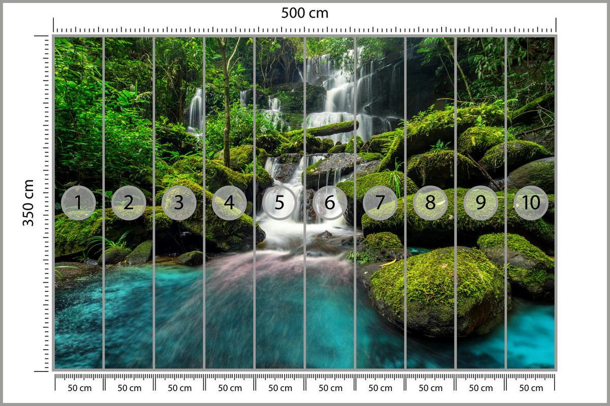 FOTOTAPETA Pre Kuchyňu Vodopád Džungľa Stromy Kamene Tropická 500 x 350 cm - modrá/sivá, papier (500/350cm) - Muralo