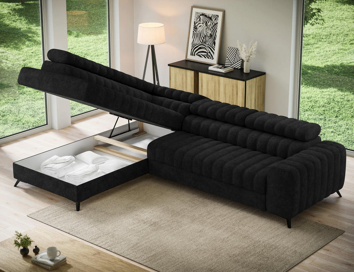 KANEDO Ecksofa mit Schlaffunktion und Bettkasten – Modernes Designsofa, verstellbare Kopfstützen, Metallfüße - Schwarz, Kunststoff (269/86cm) - Wohnideebilder