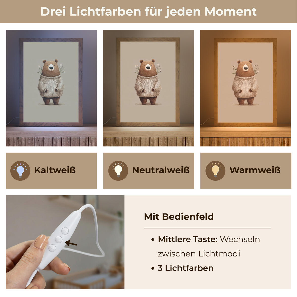 NACHTTISCHLAMPE Bär - Weiße Blumen - Gemütlich 20x30 cm - Taupe, Holzwerkstoff (8/20/30cm)