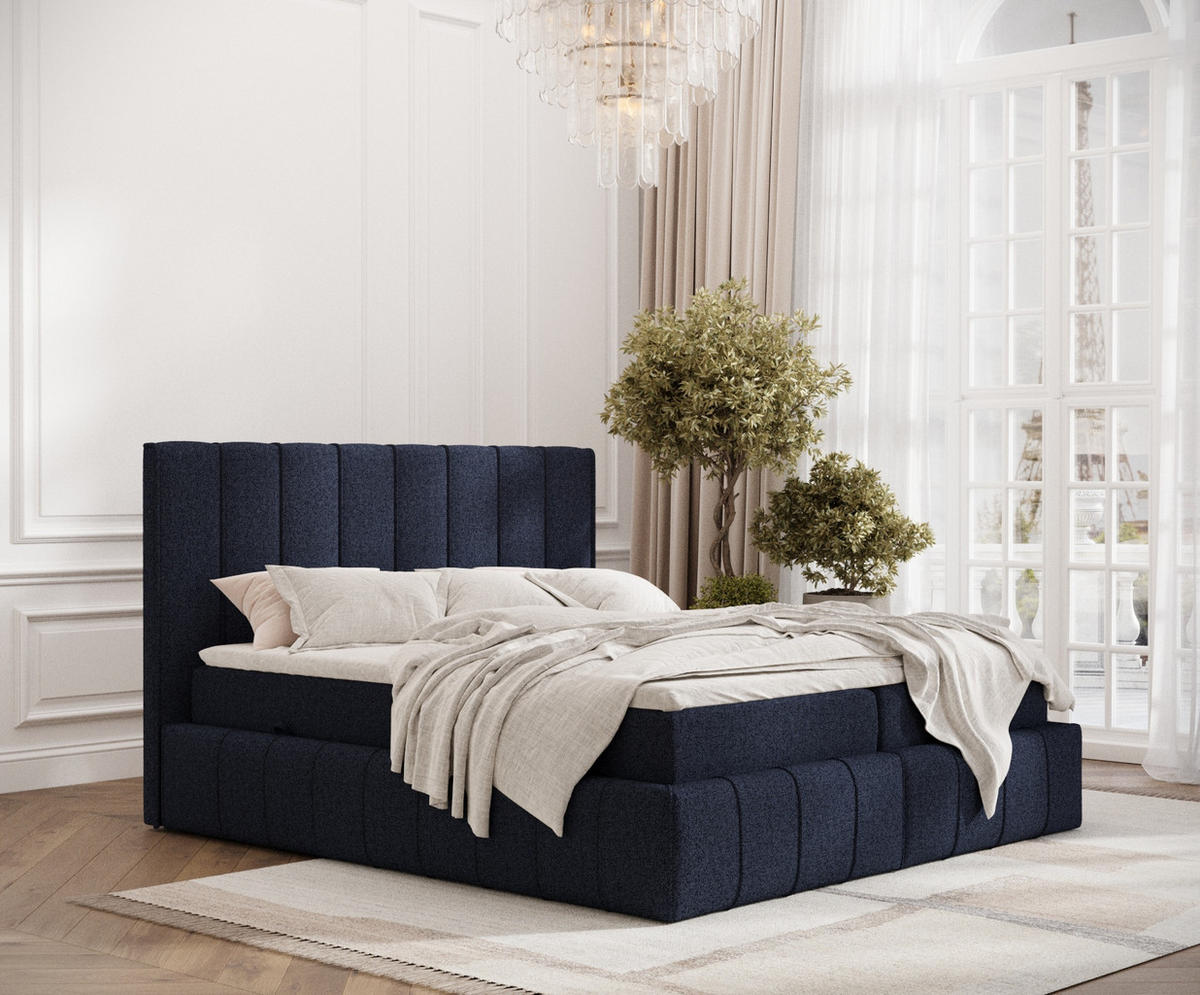 BOXBETT Moretti Marineblau 140/200 cm mit Matratze und Topper - Schwarz/Dunkelblau, Holz/Holzwerkstoff (140/200cm) - Maison de Reve