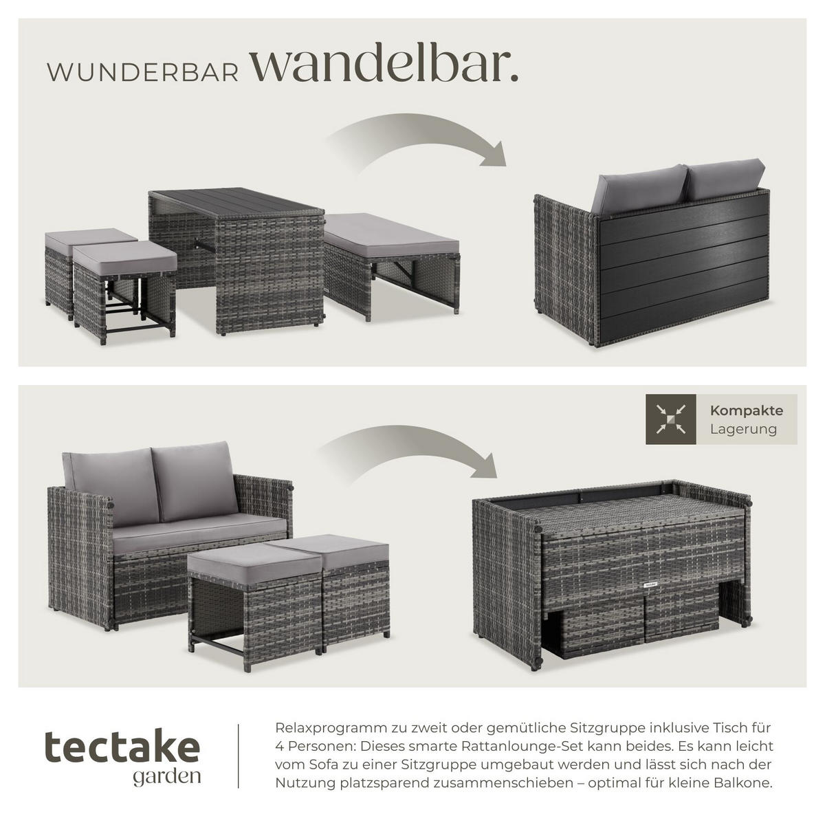 2-IN-1-RATTANLOUNGE-SET Monopoli, höhenverstellbare Tischfüße, grau - Grau, Kunststoff - tectake