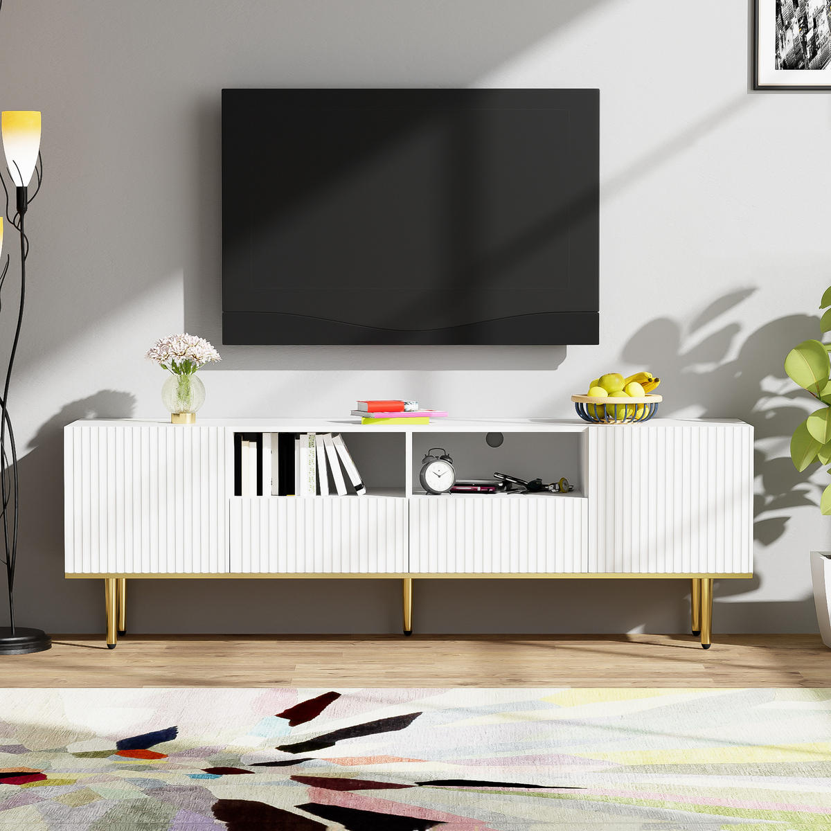 TV-ELEMENTMODERNER 165x36x55cm Schwarz-Gold mit Schubladen und Goldenen Füßen - Weiß, Holz (43/19.5/97cm) - Raelunyi