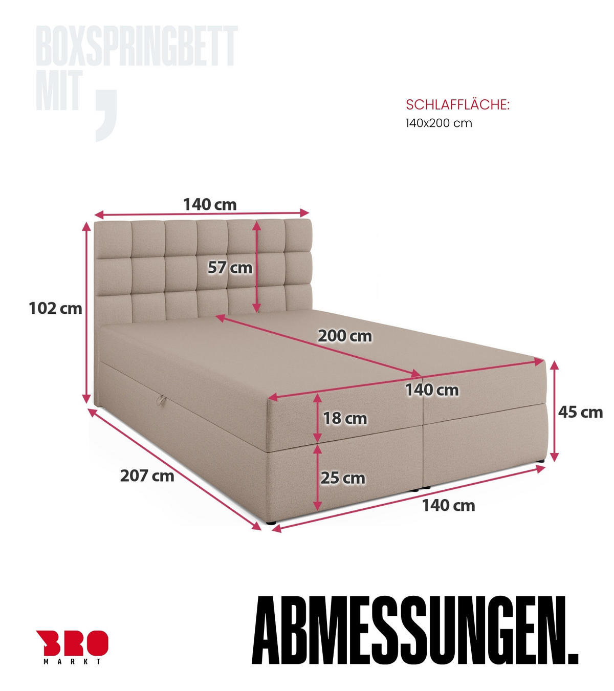 BOXBETT Dakota mit Topper 140/200 Beige - Beige, Textil (140/200cm) - Bromarkt