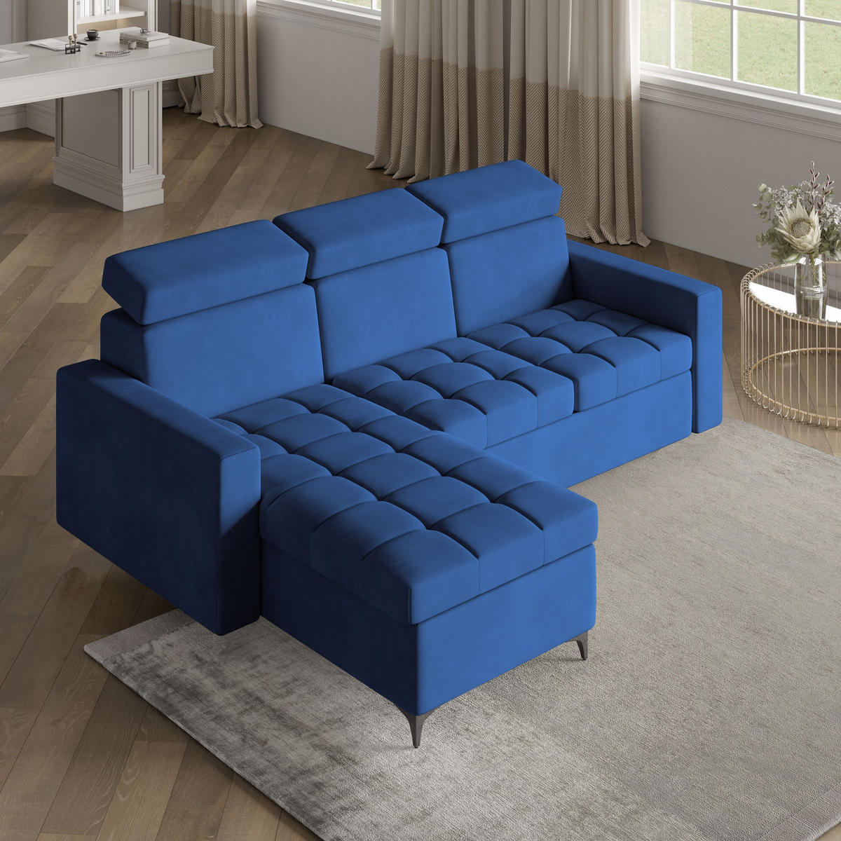 ECKSOFA KAME Blau Plüsch-Stoff mit Schlaffunktion - Blau, Holz (227/168cm) - MASSENO
