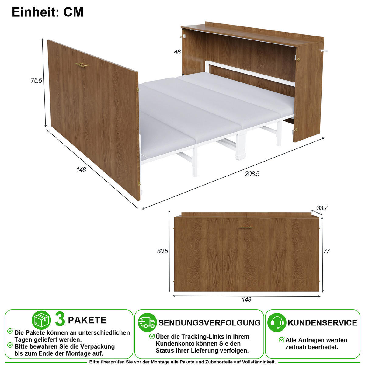 SCHRANKBETT 140/200 cm in Holz mit Leinenmatratze - Walnussfarben, Holzwerkstoff/Textil (140/200cm) - CHICFURN