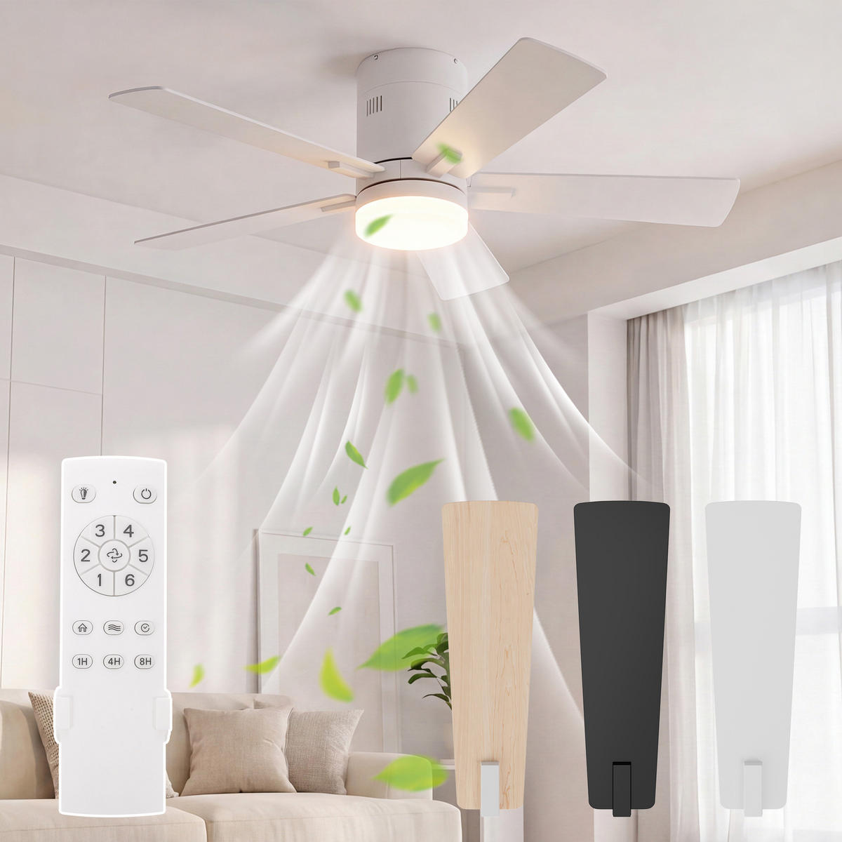 STROPNI ventilator z LED lučko, 106,6 cm, bel, 6 hitrosti in časovnik - bela, kovina (106.6/106.6/28cm) - EuroLiving