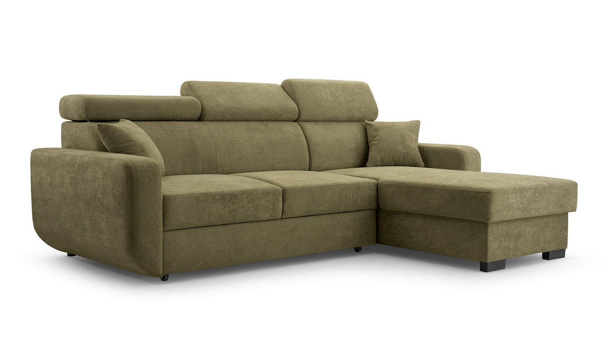 ECKSOFA CASTELLO Grün Plüsch-Stoff mit Schlaffunktion - Grün, Holz (236/165cm) - MASSENO