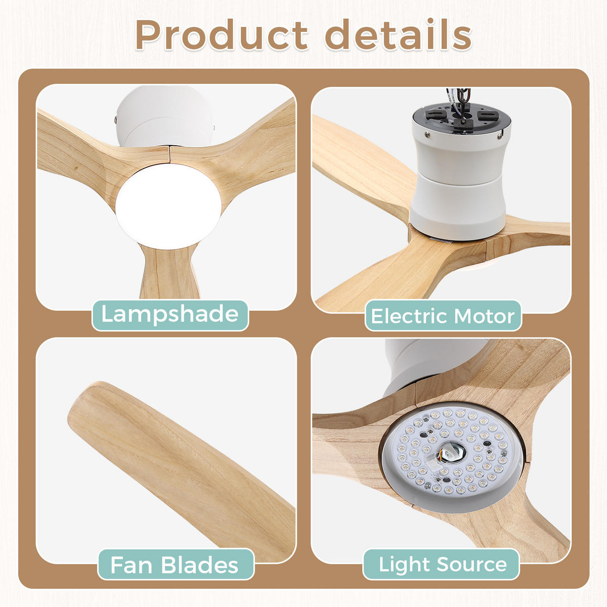 DECKENVENTILATOR 132cm Flachbau LED Licht Holzflügel DC Motor - Weiß, Kunststoff (132/132/24cm) - CASIVA
