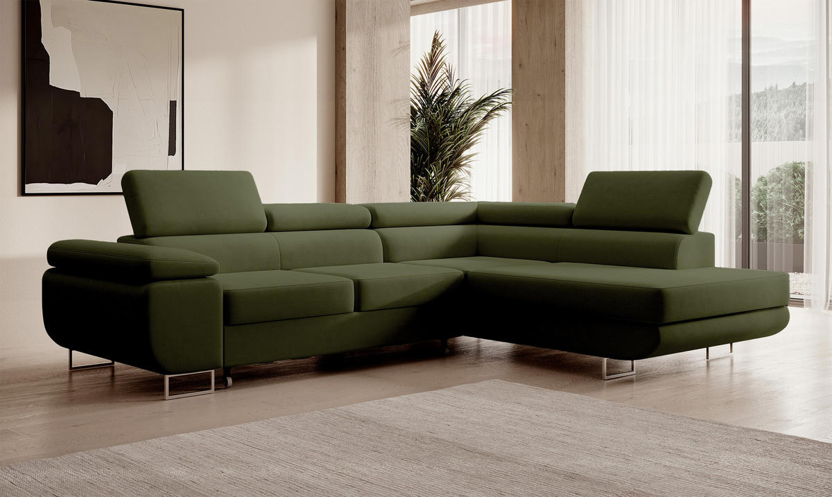 ECKSOFA Stevil Olivgrün Velours - Silberfarben/Olivgrün, Textil/Metall (275/203cm) - Selsey