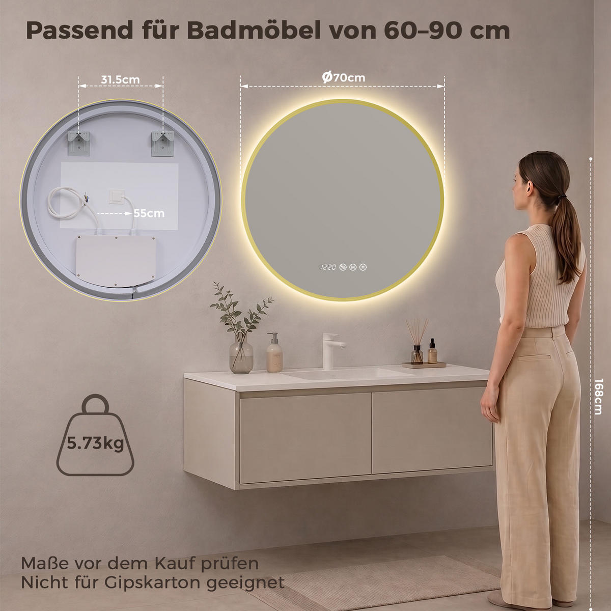 BADSPIEGEL mit Beleuchtung 70 cm rund gold mit Aluminiumrahmen, LED dimmbar und Antibeschlag - Goldfarben, Glas (70/70/3.3cm) - S'AFIELINA