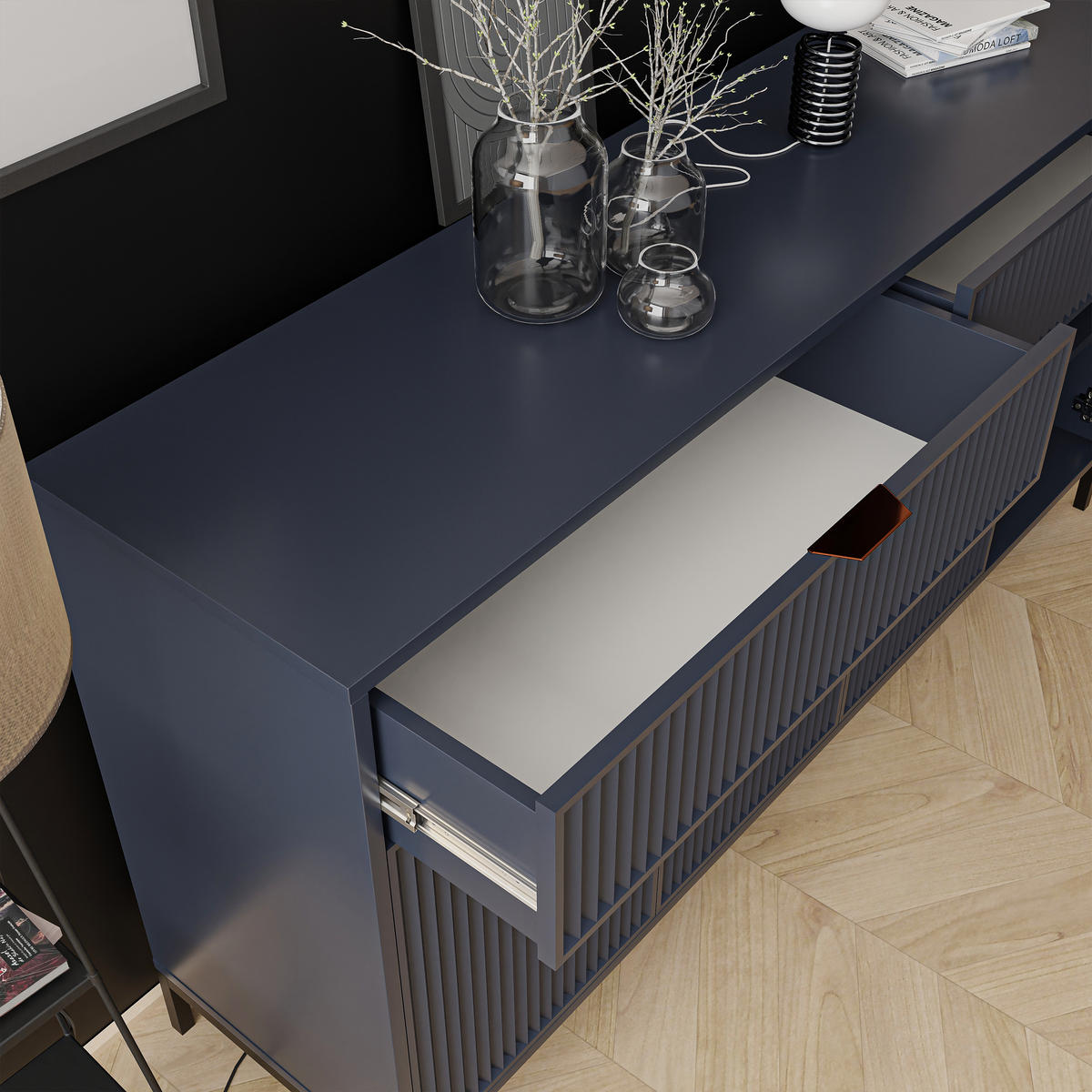 KOMMODE WAVE 165/40/86 cm Indigo - Schwarz/Dunkelblau, Holzwerkstoff/Metall (165.3/86/40.6cm) - Idohome