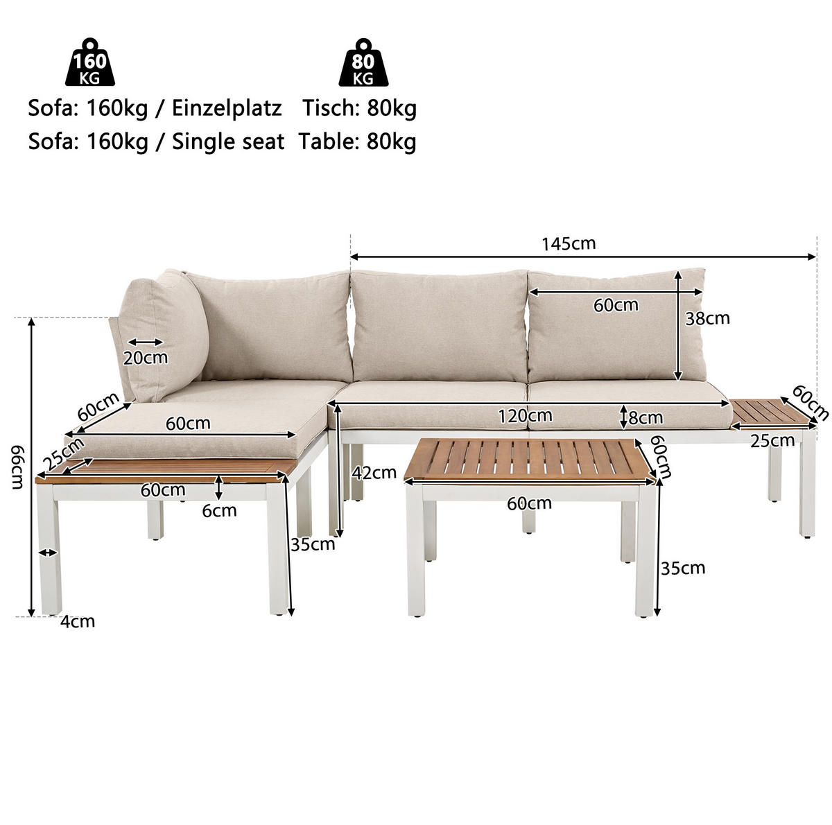 GARTENMÖBEL 120x60x66cm beige aus Stahlverzinkt und Akazie - Beige, Metall - Modfu
