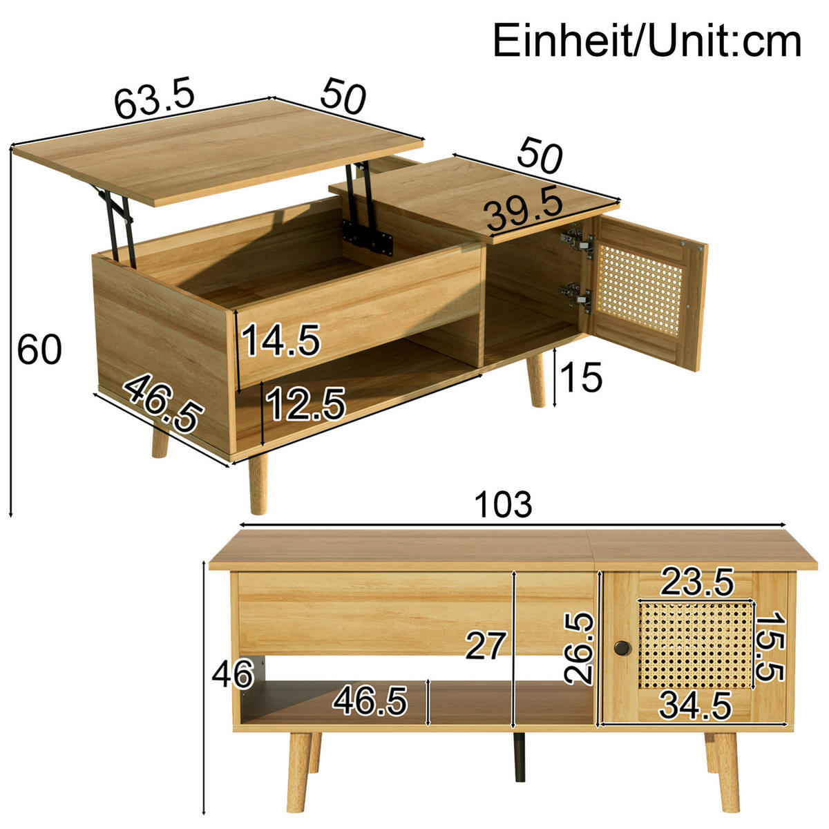 KONFERENČNÍ stolek 103/50/46 cm v barvě dřeva a černé z dřevotřísky se zvedací deskou - přírodní, kompozitní dřevo (63.5/50/60cm) - OKWISH