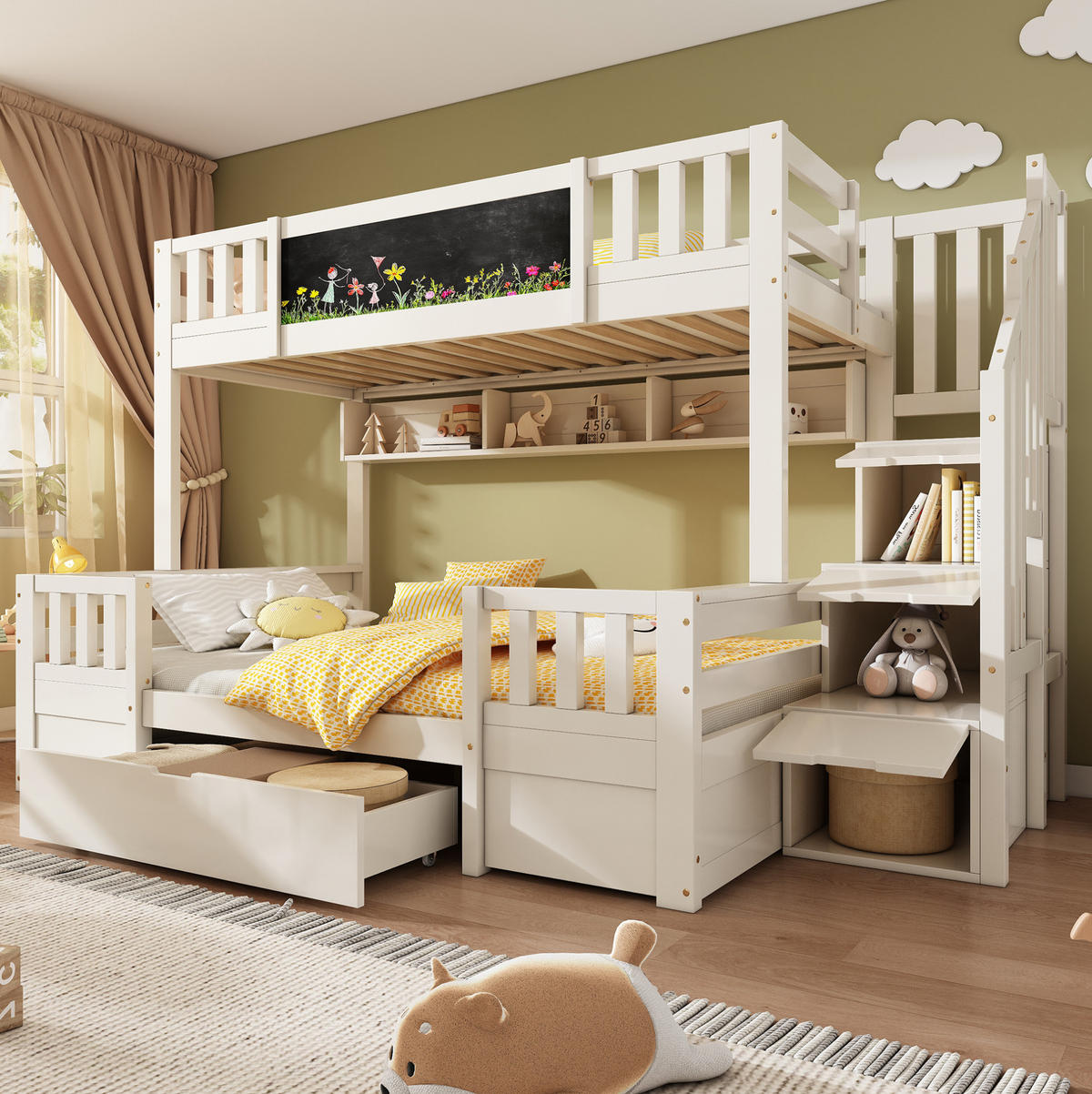 ETAGENBETT 90/200 & 140/200 cm aus Holz-Metall mit Kreidetafel und Stauraumtreppe Weiß - Weiß, Holz (90/200cm) - Modenvie