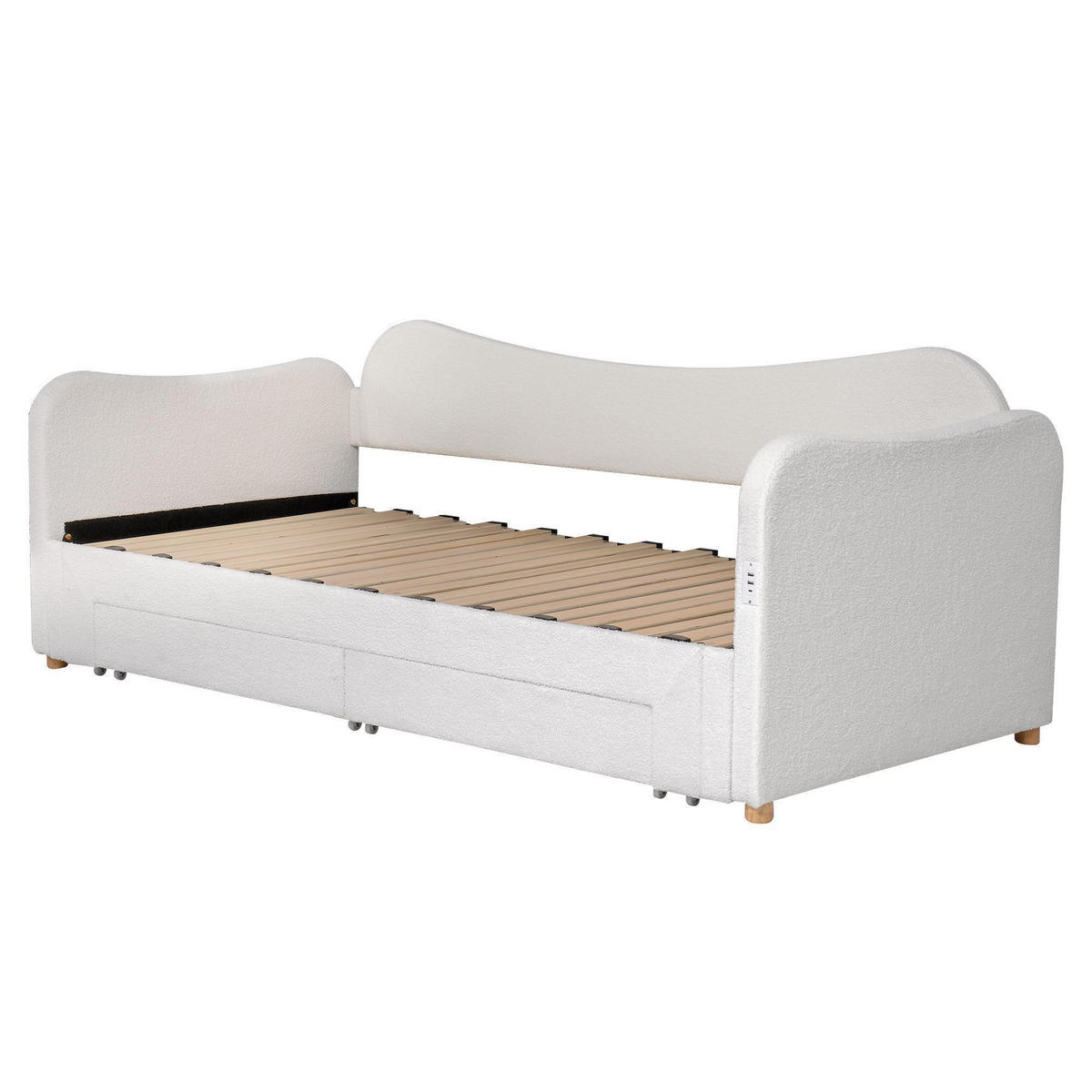 POLSTERBETT 90x200cm mit USB-Anschluss in Beige Bouclé - Beige, Holz/Textil (90/200cm) - KOMHTOM
