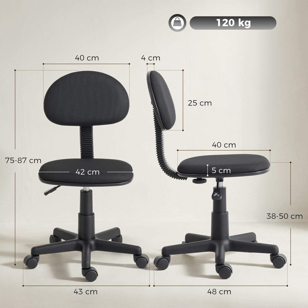 BÜROSTUHL Polyester Schwarz - Schwarz, Kunststoff/Textil (43/87/48cm) - HOMCOM