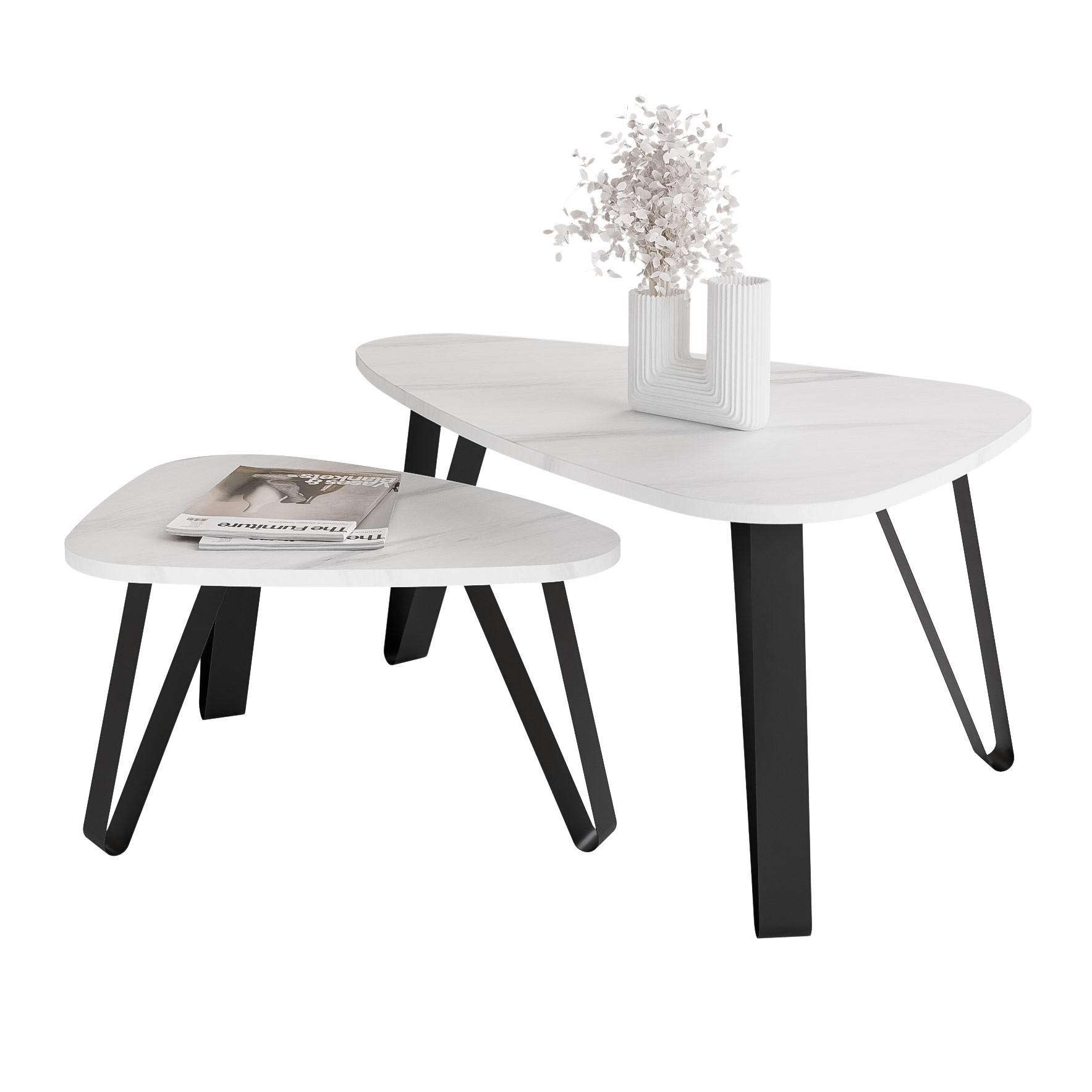 SATZTISCH NOA Stahlgestell, Freiform, Schwarz / Bianco Marmor - Schwarz/Weiß, Holzwerkstoff (94/60/42cm) - Idohome