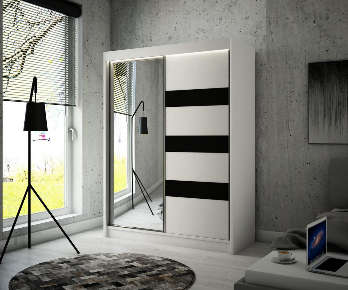 KLEIDERSCHRANK mit Spiegel und Schiebetüren LOSTE - 120 cm Weiß|Schwarz - Schwarz/Weiß, Holzwerkstoff (120/215/61cm) - ALTDECOR