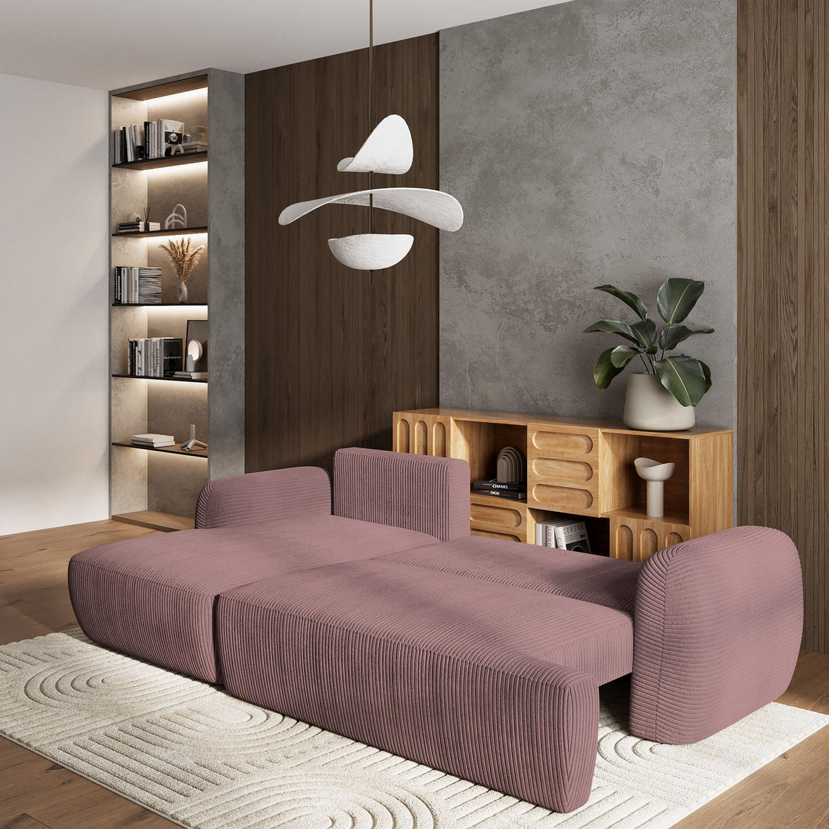 ECKSOFA MODENZA P L-S Lila Kordstoff mit Schlaffunktion - Lila, Holz (266/148cm) - MASSENO