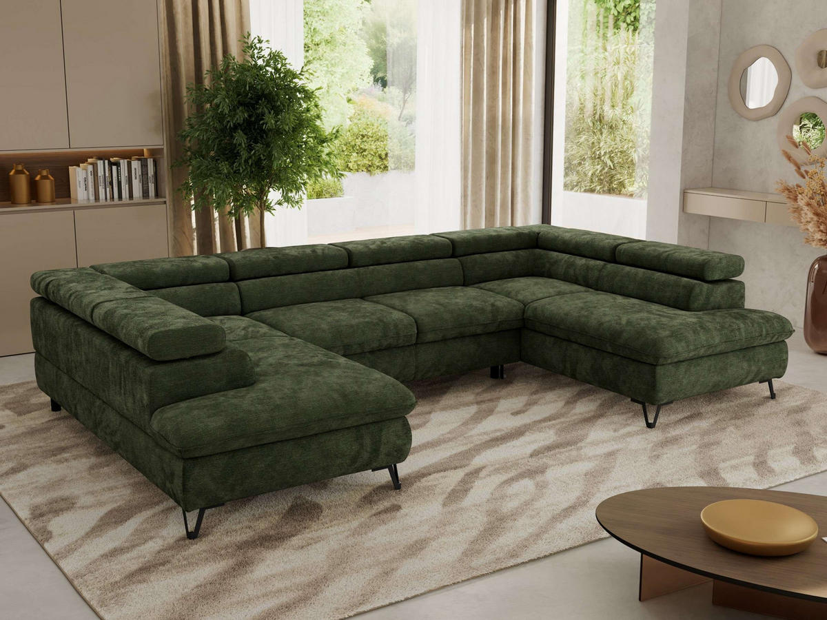 WOHNLANDSCHAFT PABLO U Schenille glatt Dunkelgrün mit Topper T25 - Dunkelgrün/Schwarz, Textil/Metall (346/76/208cm) - MKS