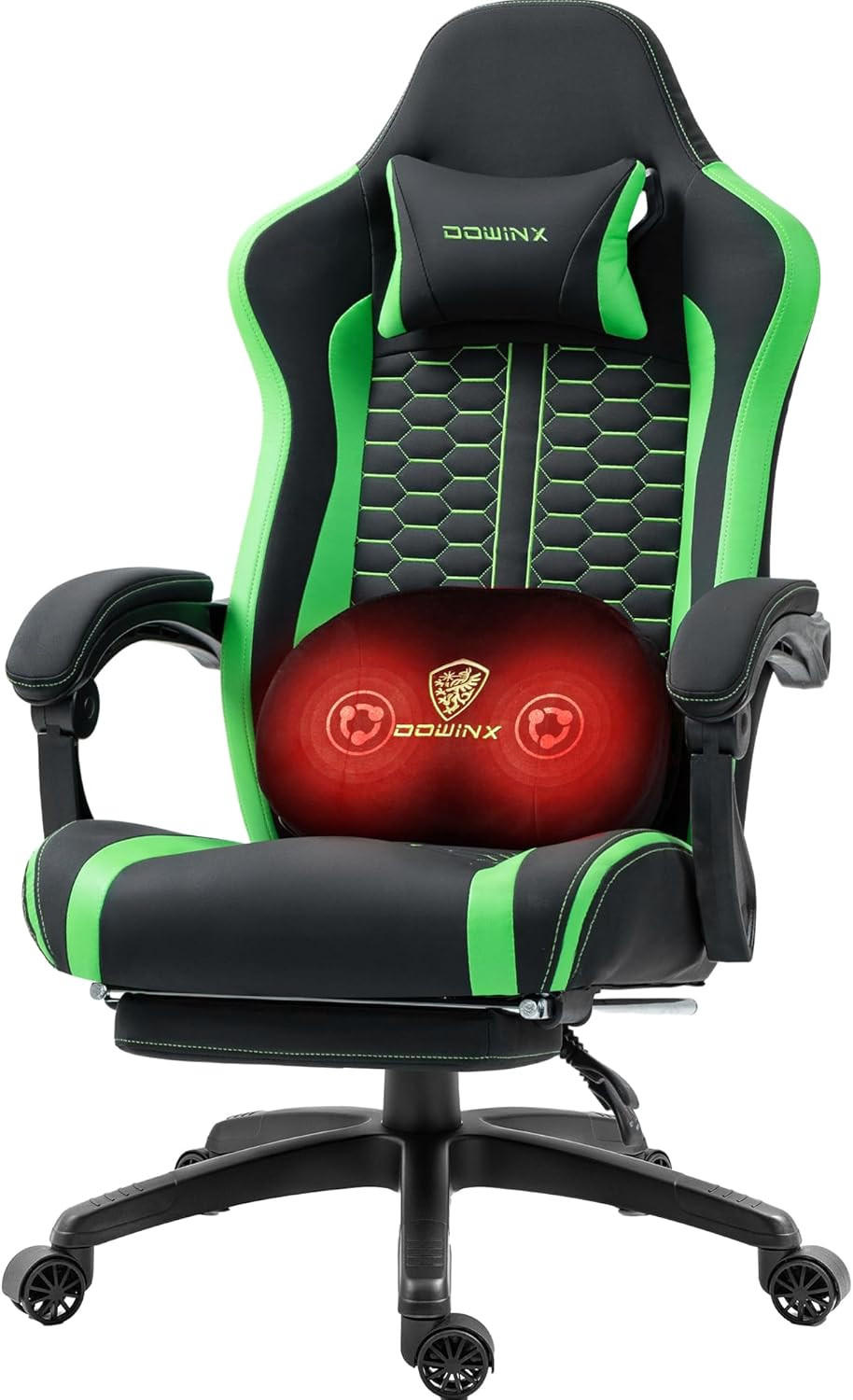 GAMINGSTUHL & Beheizter Massage Lendenwirbelstütze Fußstütze - Grün, Leder (69/128/69cm)