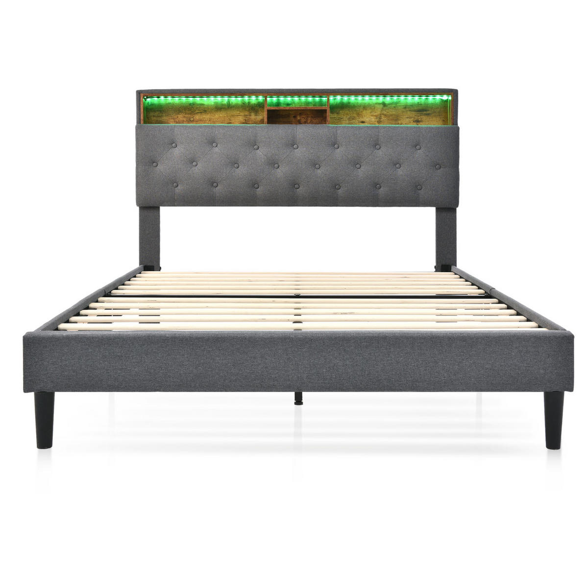 POLSTERBETT 140/200 cm Grau mit Stauraum-Kopfteil und LED-Beleuchtung Mit Matratze - Dunkelgrau, Holz (140/200cm) - OKWISH