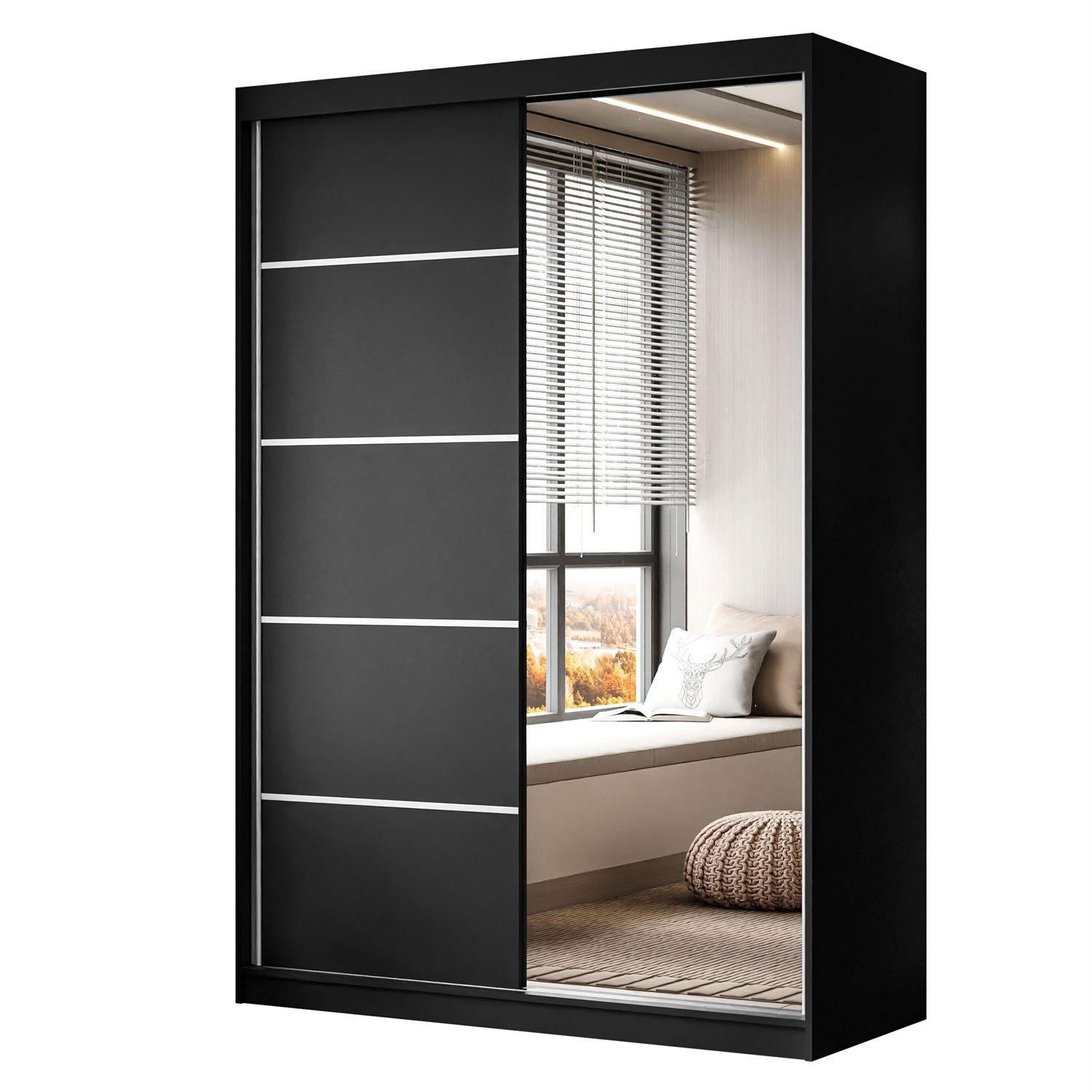 KLEIDERSCHRANK CAMARO II PLUS 150 cm mit Spiegel Schiebetürenschrank Schwarz - Schwarz, Holzwerkstoff (150/215/59cm) - Lookway