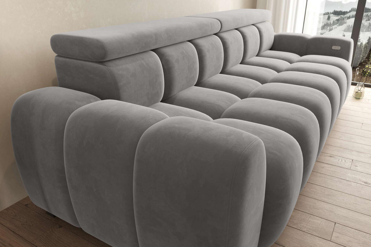 BIGSOFA ALESSIO Velours Silberfarben mit elektrischer Sitztiefenverstellung - Silberfarben, Kunststoff/Textil (248/77/108cm) - 99rooms