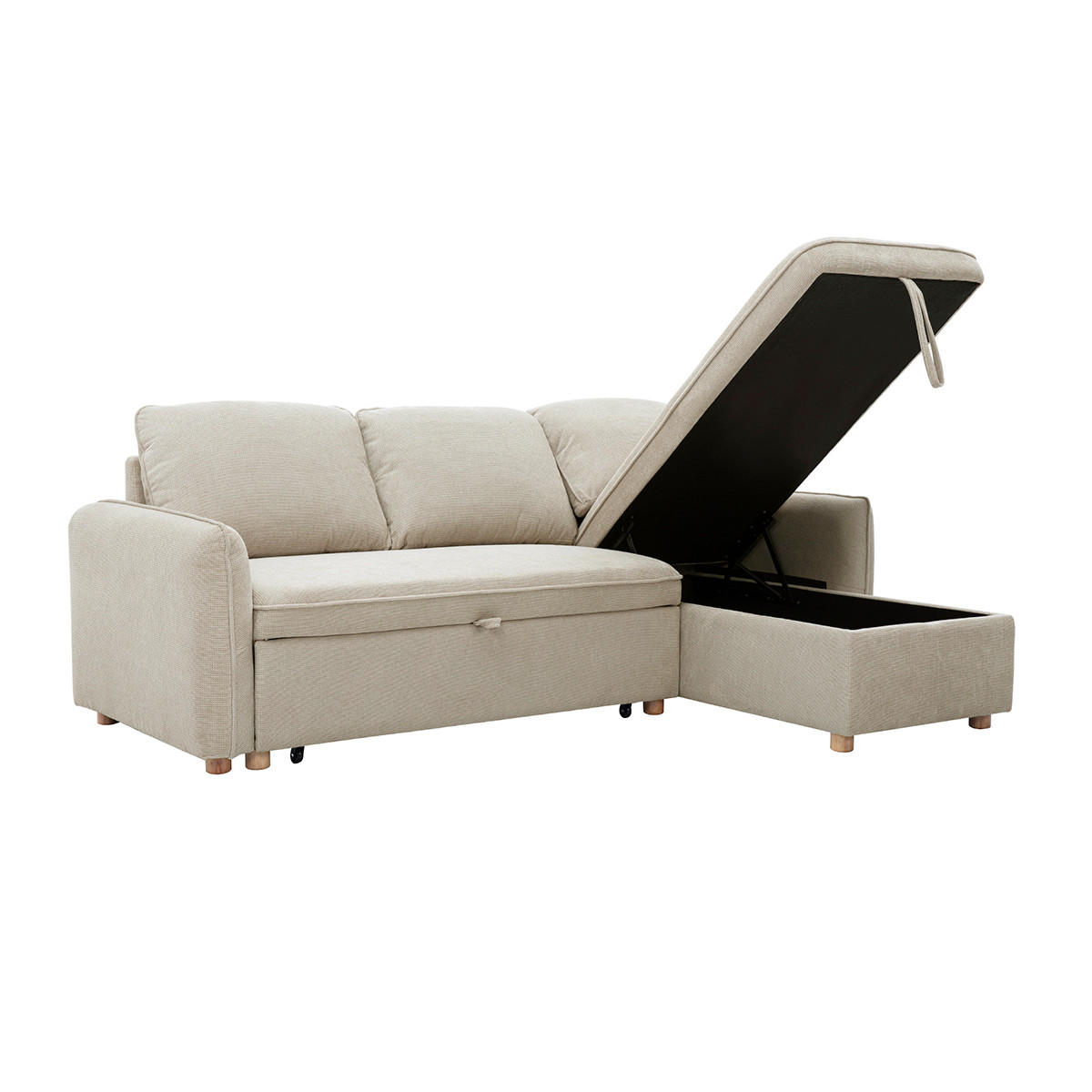ECKSOFA mit umkehrbarer Schlaffunktion und Stauraum, 3-Sitzer in strukturiertem Samt-Optik Stoff beige und hellem Holz ORSO - Beige, Textil (139.5/83/212cm) - Miliboo