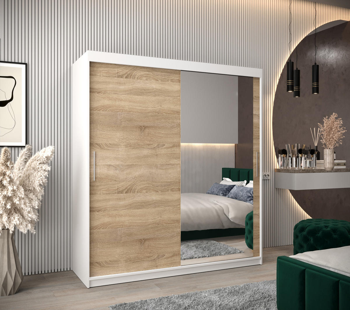 SCHWEBETÜRENSCHRANK 200/180/62 2-türig - Silberfarben/Weiß, Holz/Kunststoff (180/200/62cm) - Abiks Möbel