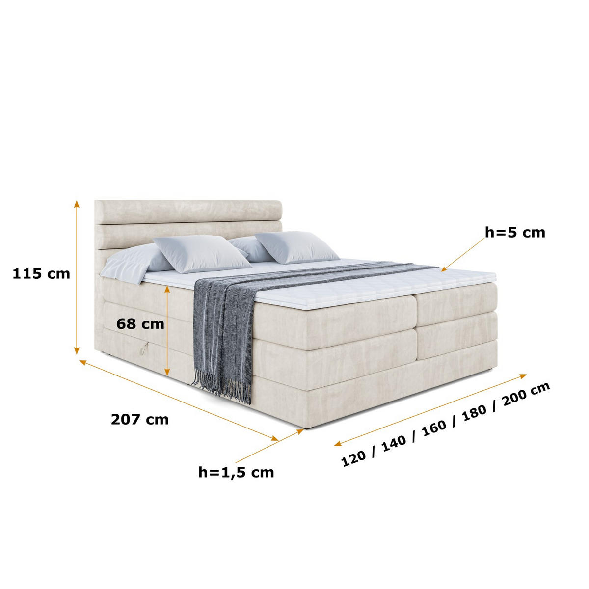 BOXSPRINGBETT CELESTIA KING - 120x200 - H3/H4 - Creme - Creme, Holzwerkstoff (120/200cm) - ALTDECOR