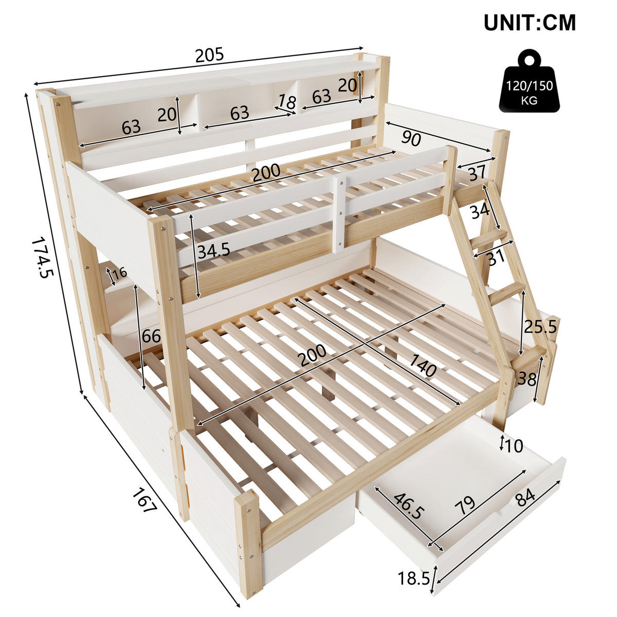 ETAGENBETT Etagenbett mit Schublade Weiß/Natur - Naturfarben, Holz (140/200cm) - ComfortXL