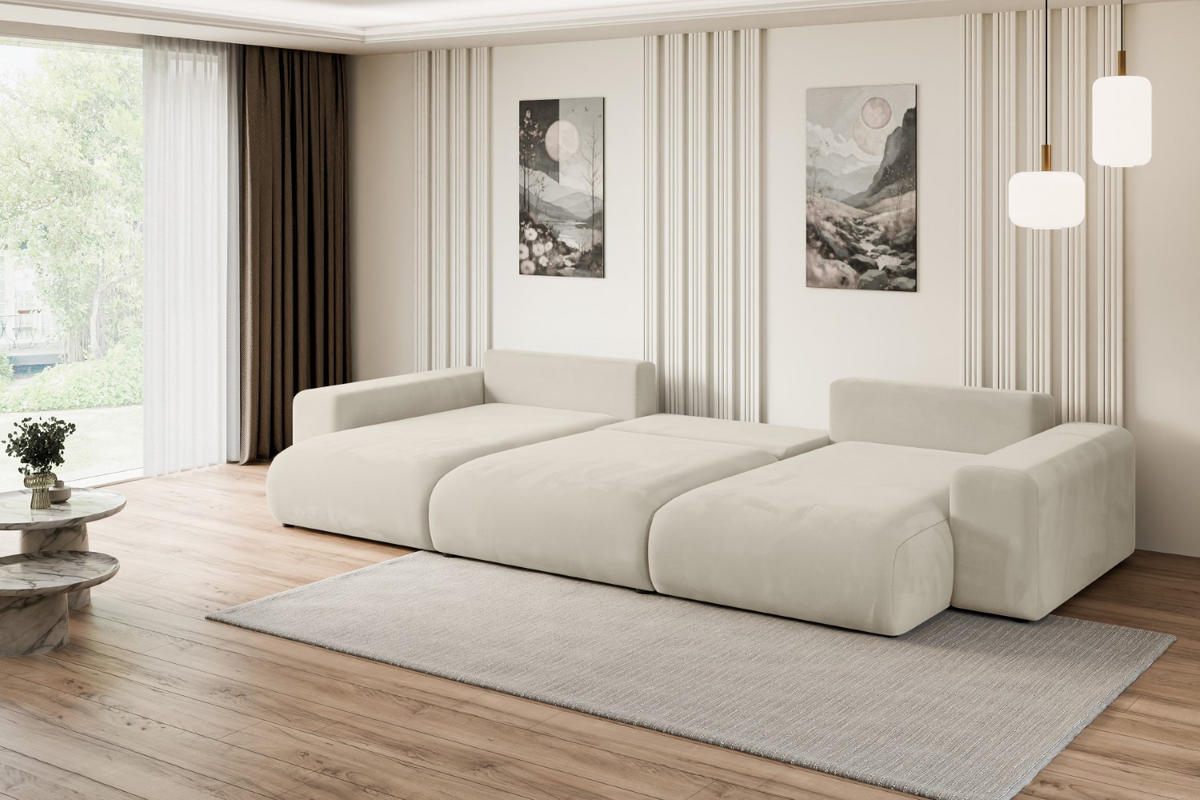 WOHNLANDSCHAFT mit Schlaffunktion und Bettkasten ESKAR-U -352x165x84cm Beige Velours - Beige/Schwarz, Holzwerkstoff/Kunststoff (352/84/165cm) - ALTDECOR