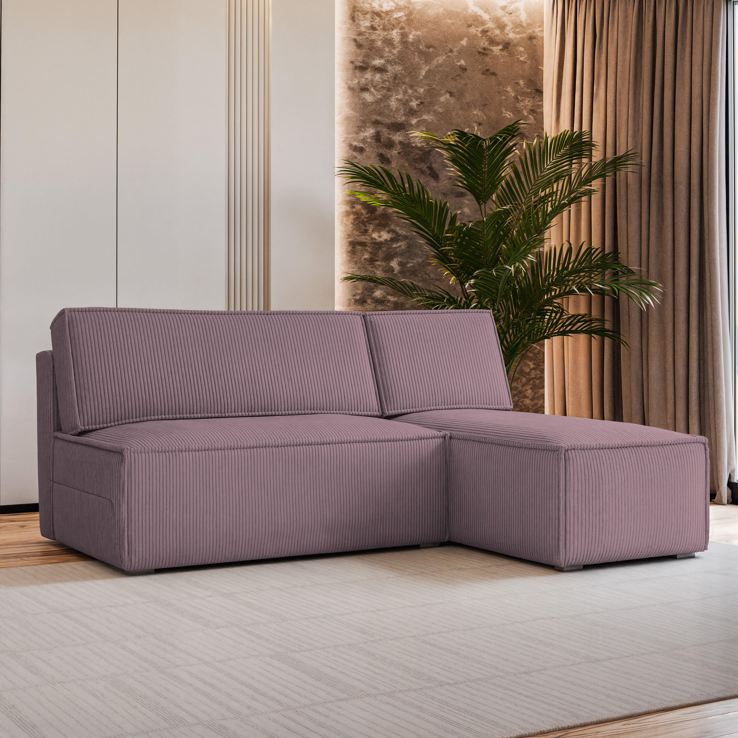 ECKSOFA BRISO P Lila Kordstoff mit Schlaffunktion - Lila, Holz (200/140cm) - MASSENO
