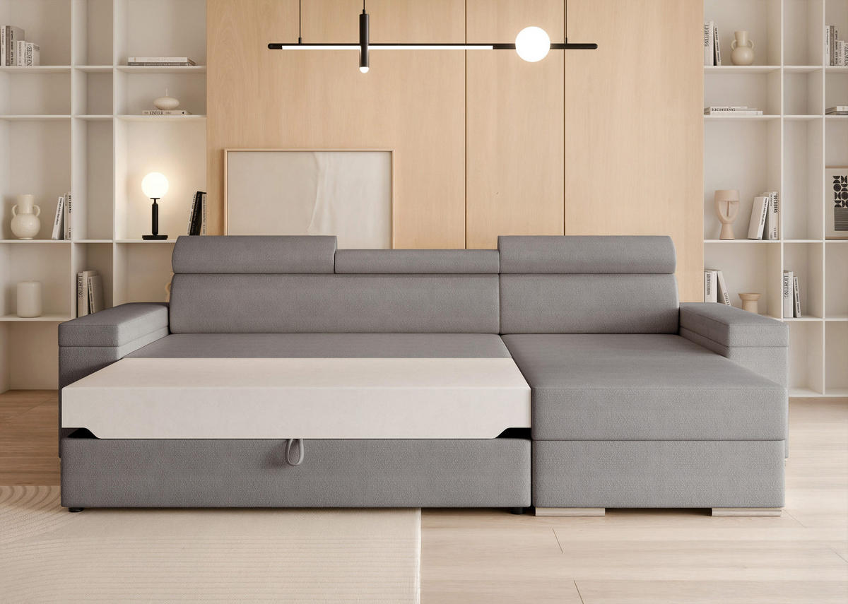 ECKSOFA AISHA mit Schlaffunktion und Bettkasten Grau - Grau, Holzwerkstoff/Kunststoff (250/90cm) - Idohome