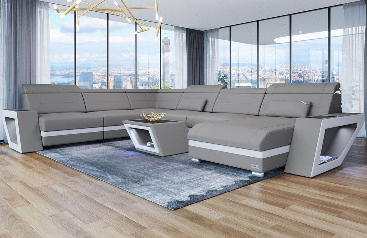 WOHNLANDSCHAFT Catania Hellgrau Weiß Mikrofaserstoff - Hellgrau, Kunststoff (349/89/264cm)