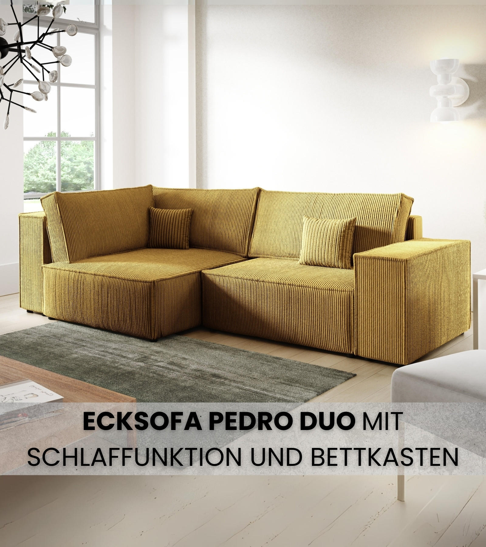 ECKSOFA Pedro Duo mit Schlaffunktion Gelb Cord - Gelb, Textil (246/153cm) - Bromarkt