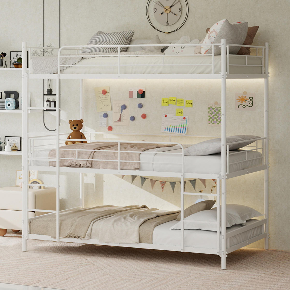DREIFACH-ETAGENBETT 90/180 cm weiß aus Eisen mit Leiter und Rundum-Schutzgeländer - Weiß, Metall (90/190cm) - OKWISH