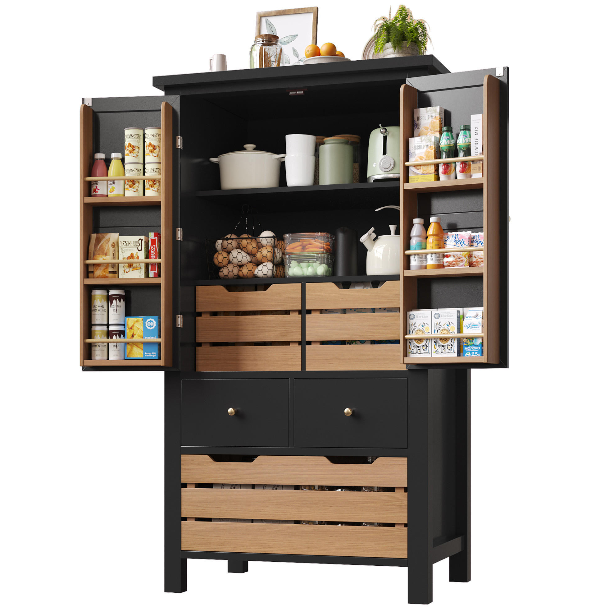 HIGHBOARD 80/40/140 cm aus MDF/Metall mit 5 Schubladen und Doppeltür Schwarz - Schwarz, Holzwerkstoff (80/140/40cm) - Modenvie
