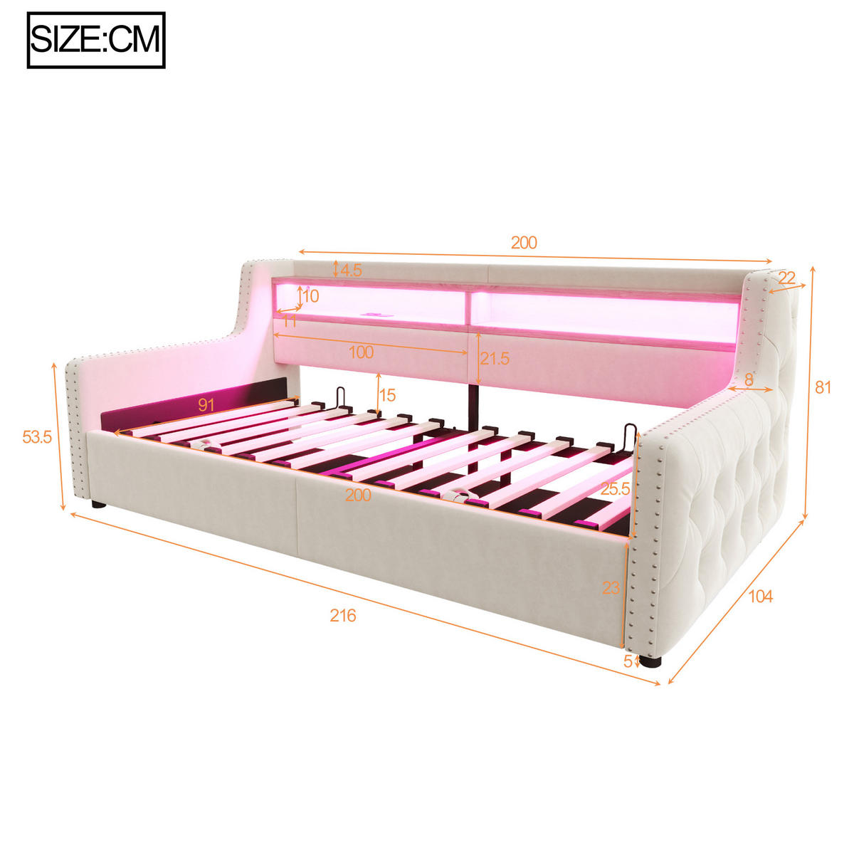 POLSTERBETT 90/200 cm aus Samt mit LED-Beleuchtung, Beige - Beige, Textil (90/200cm) - OKMYHOME