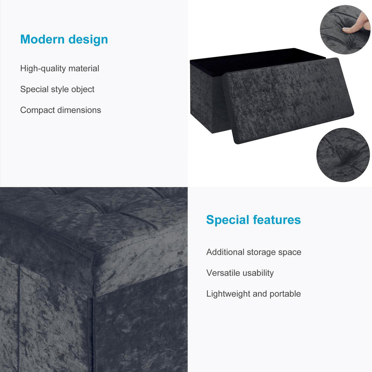 SITZBANK Faltbar mit Samtbezug 76/38/38 cm (Schwarz) - Schwarz, Karton (38/38/76cm) - Intirilife