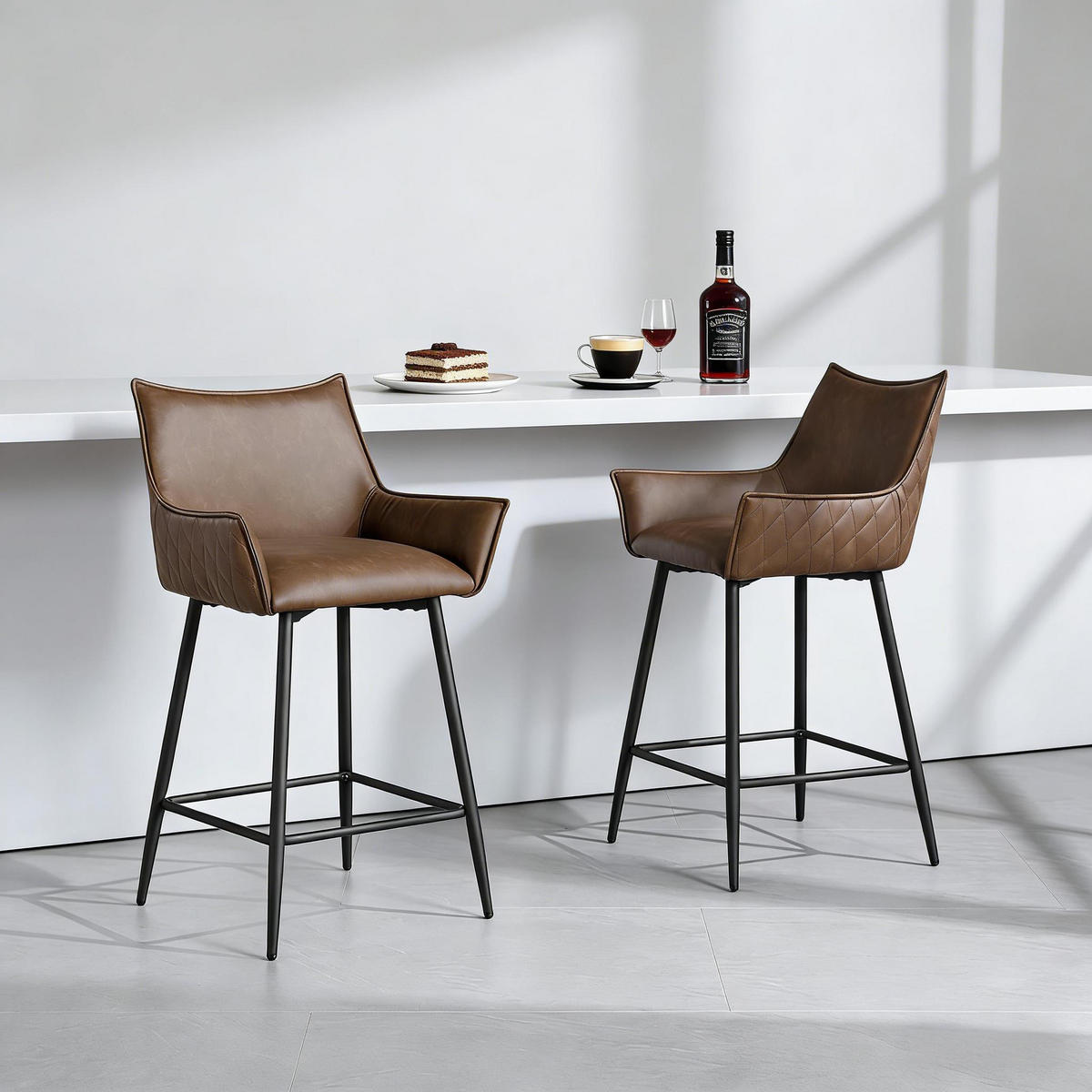 BARHOCKER Braun 2er-Set mit Armlehnen Rückenlehne und PU-Leder - Braun, Metall (51/90/49cm) - PANGIVO