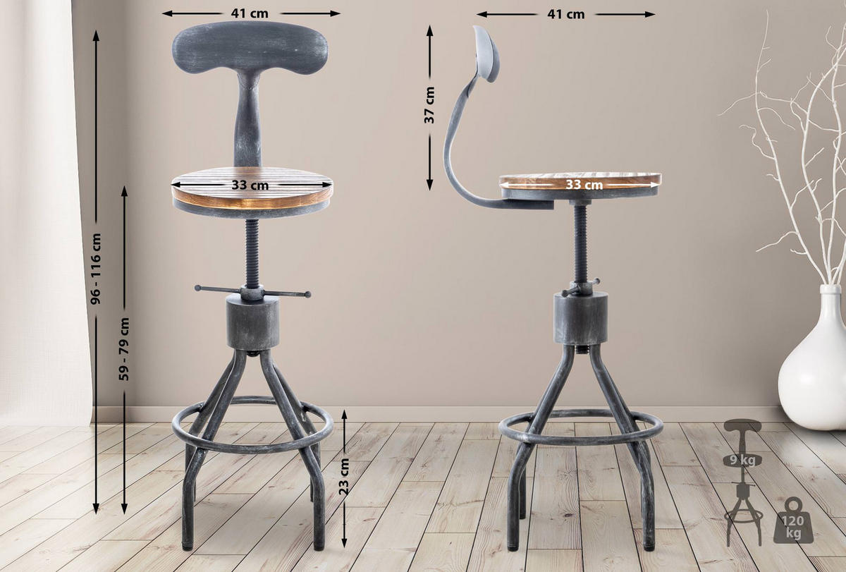 BARHOCKER 2er Set Holz antik silber - Silberfarben, Holz/Metall (41/96/41cm) - CLP