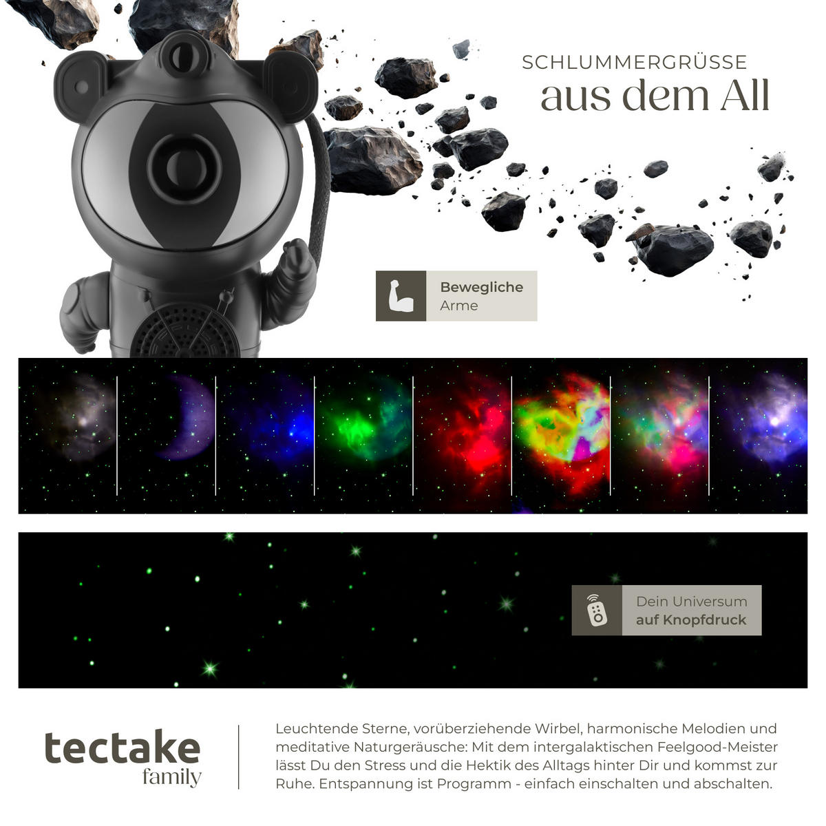 LED-STERNENHIMMEL-PROJEKTOR Astronaut,Bluetooth- und Music-Funktion mit 8 Sounds sowie Timer,schwarz - Schwarz, Kunststoff (11.5/12/23.5cm) - tectake