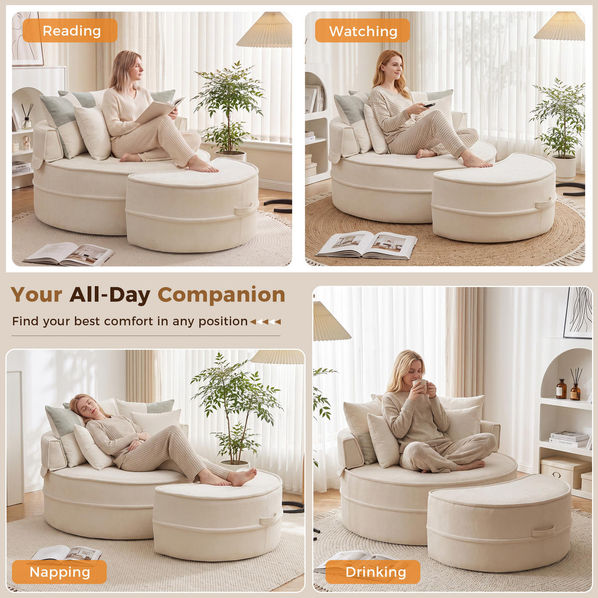 XXL-SESSEL DE-35026 mit Hocker und 5 Kissen Beige - Beige, Textil (121/66/163cm) - ComfortXL