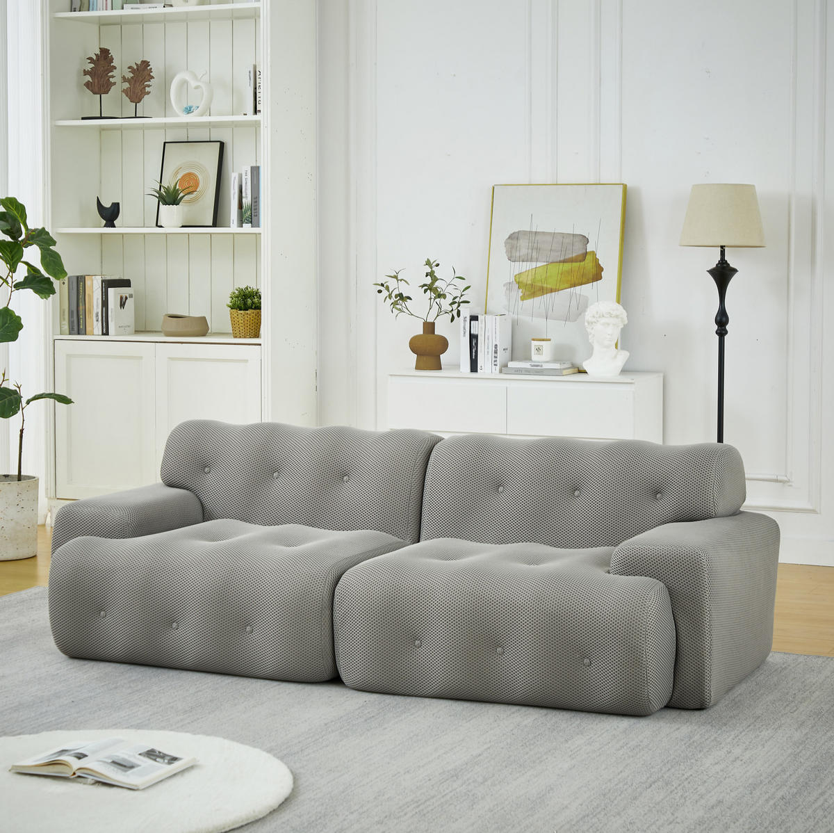 2-SITZER-SOFA aus Stoff 224x104x66 cm Grau montagefrei mit 3D-Strickgewebe, breiten Armlehnen und tiefer Sitzfläche - Grau, Textil (224/66/104cm) - Modfu