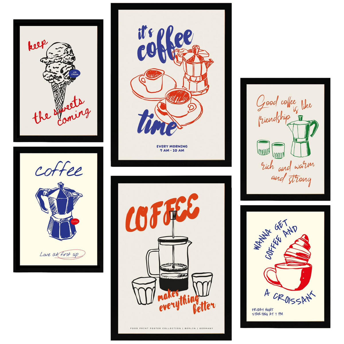 POSTER Set Mit 6 Von Lebensmitteln & Essen Im Pop Art In Pastelltönen A3 & A4 Schwarzer Rahmen - Schwarz, Papier (29/3cm) - Nacnic