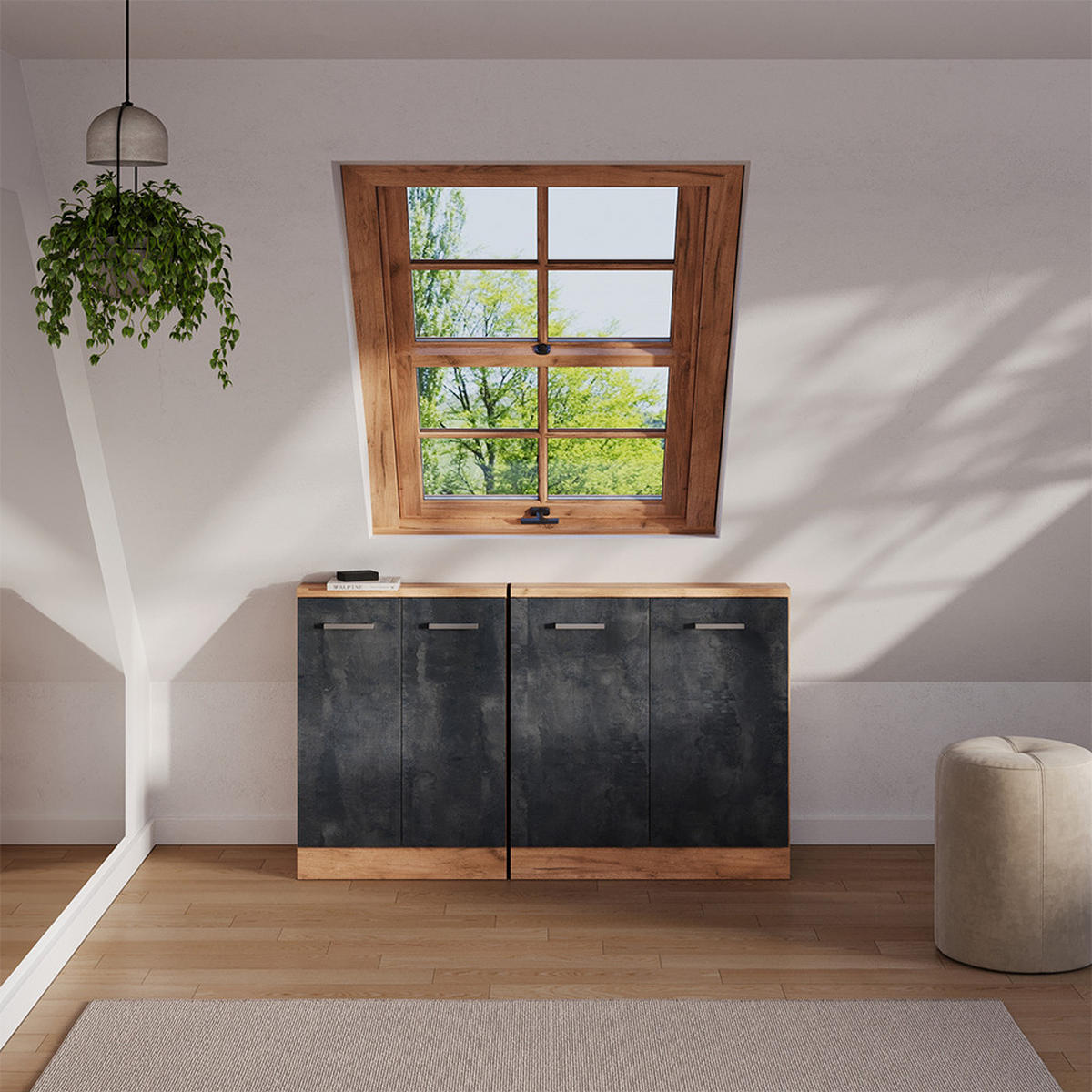 SADA SKŘÍNÍ PRO ŠIKMOU STŘECHU Rion Černý beton/zlatý dub - medově dubová/černá, kompozitní dřevo (140/81.6/46cm) - Vicco