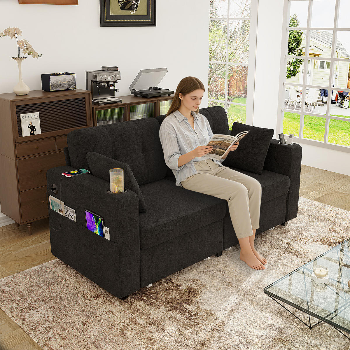 2-SITZER SOFA Chenille Schwarz mit USB und Stauraumschubladen - Schwarz, Textil/Metall (172/82/75cm) - WISHDOR